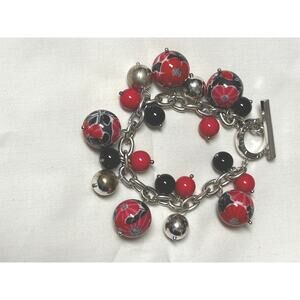Vera Bradley Statement Bead Charm Bracelet Red Black Silver